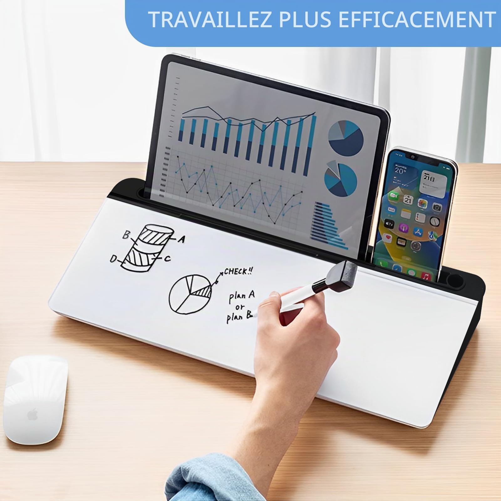 Hivexagon Tableau blanc de bureau avec 4 compartiments pour téléphone et tablette + mini tableau blanc magnétique supplémentaire et accessoires, parfait pour les mémos et listes de choses à faire