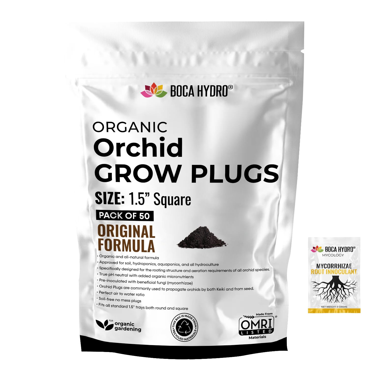 Boca HydroOrganic Orchid Grow Plugs 1.5" Original Formula + Boca Hydro Mycorrhizae Packet (50 Pack)