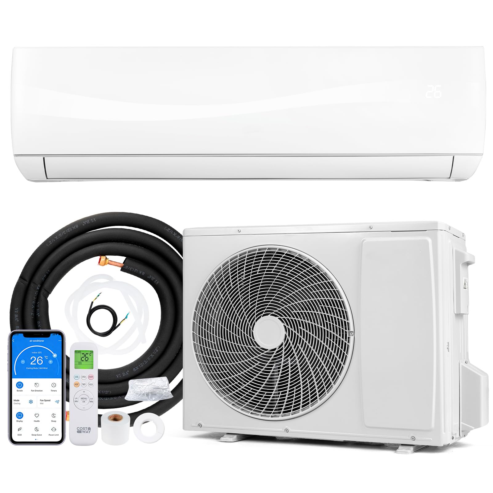 GYMAX Climatiseur Split Reversible 24000 BTU, Chauffage et Refroidissement, 7 Modes & 5 Vitesses, Réfrigérant R32, Auto-nettoyage, WiFi APP et Télécommande, Clim Inverter pour Pièces jusqu’à 110㎡