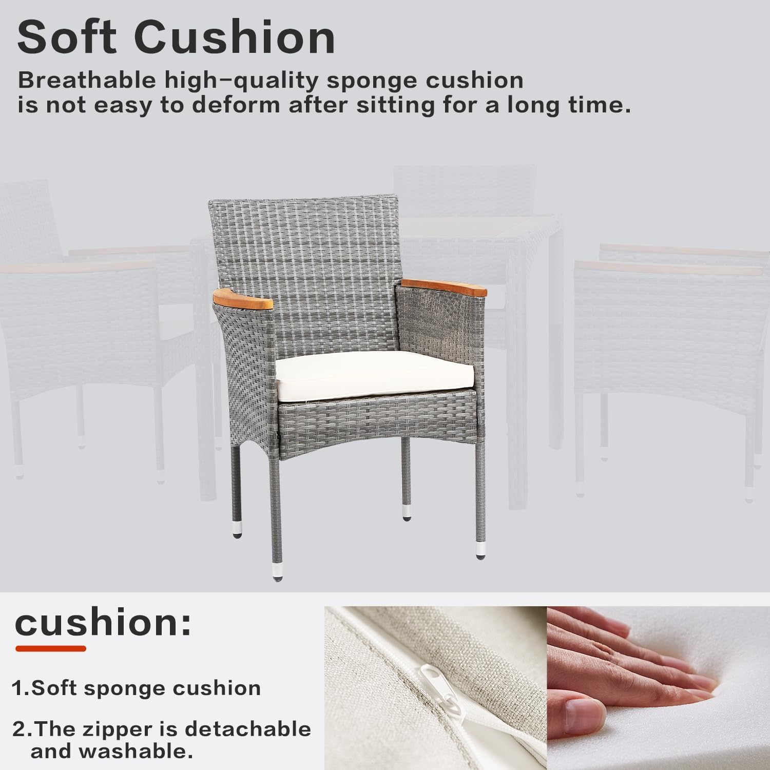 Patio Dining Sets with Soft Cushions Rattan Chairs with Acacia Wood Armrest Outdoor Patio Furniture Sets for Patio, Yard,Deck,Gazebo, Grey