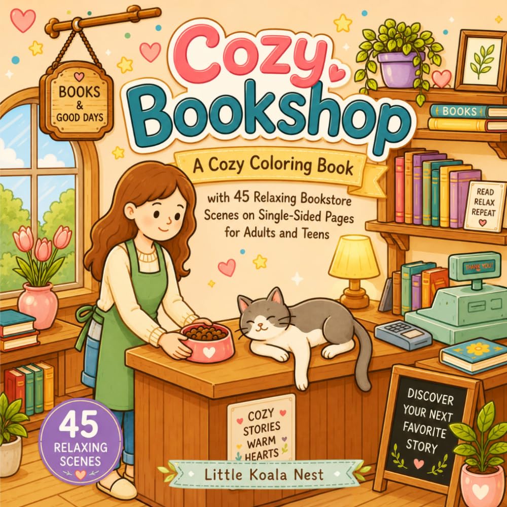 Cozy Bookshop: A Cozy Coloring Book with 45 Relaxing Bookstore Scenes on Single-Sided Pages for Adults and Teens