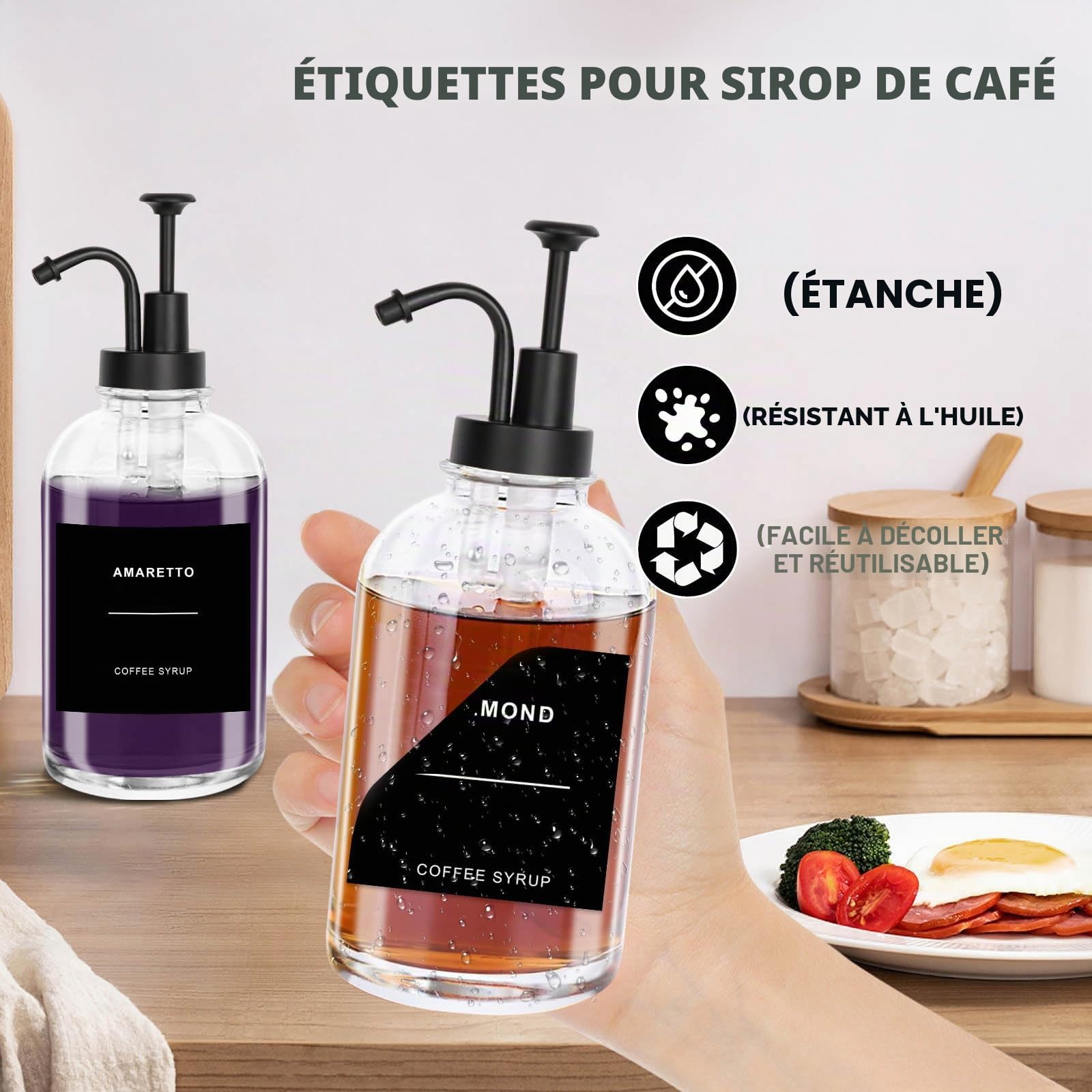 Sunal Lot de 4 distributeurs de sirop de café en verre - 500 ml - Distributeur de sirop - Bouteille de pompe à miel en verre noir avec 36 étiquettes étanches et 1 entonnoir en silicone pour cuisine