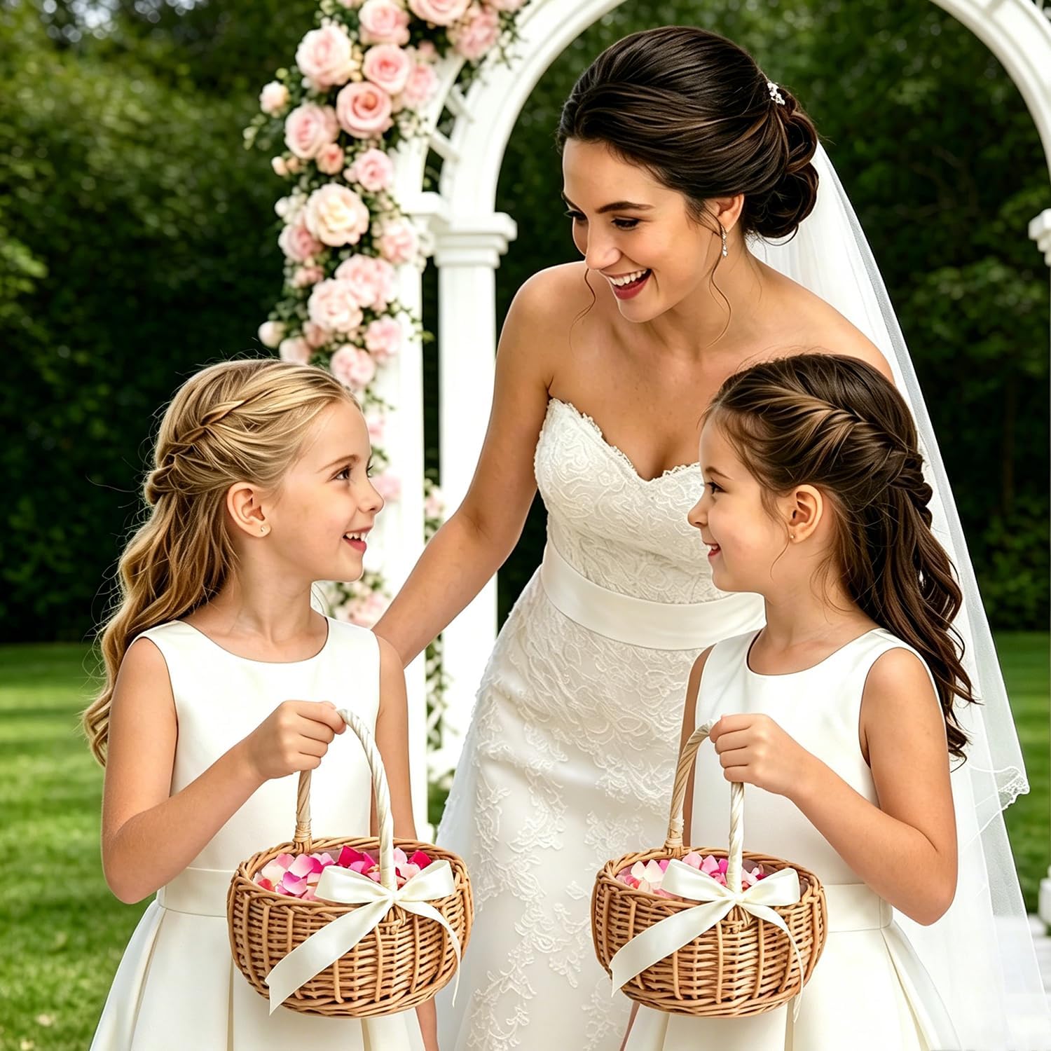 Flower Girl Baskets Wicker Basket Rustic Wicker Picnic Basket with Handle Cute Rattan Easter Baskets Wicker Storage Basket Decorative Basket for Wedding Garden and Home Decor