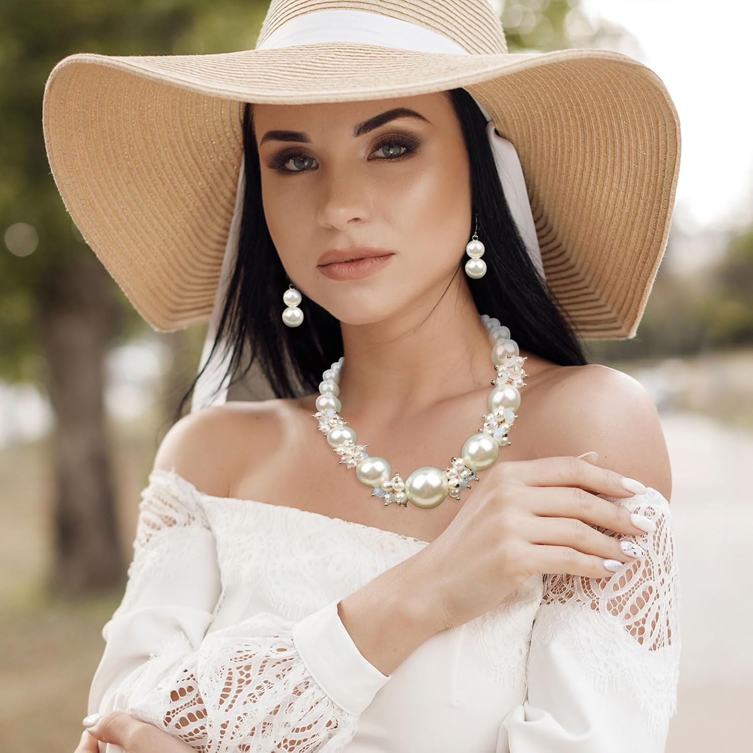 Dcfywl731 Pearl Necklace and Earring Set Pearls Jewlery Sets for Women Bridesmaid Jewelry Set Chunky Statement Big Large Pearls Choker Costume Jewelry for Women Wedding Jewelry for Brides - Image 3