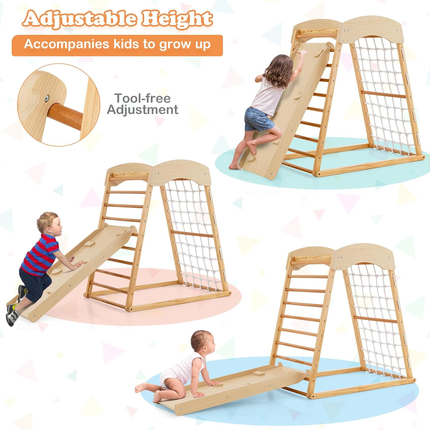 Costzon Indoor Jungle Gym, 6-in-1 Montessori Climbing Toys for Toddlers with Double-Sided Slide, Climbing Rock/Net, Indoor Wooden Playground Climber Playset for Kids 2-6 Years Birthday