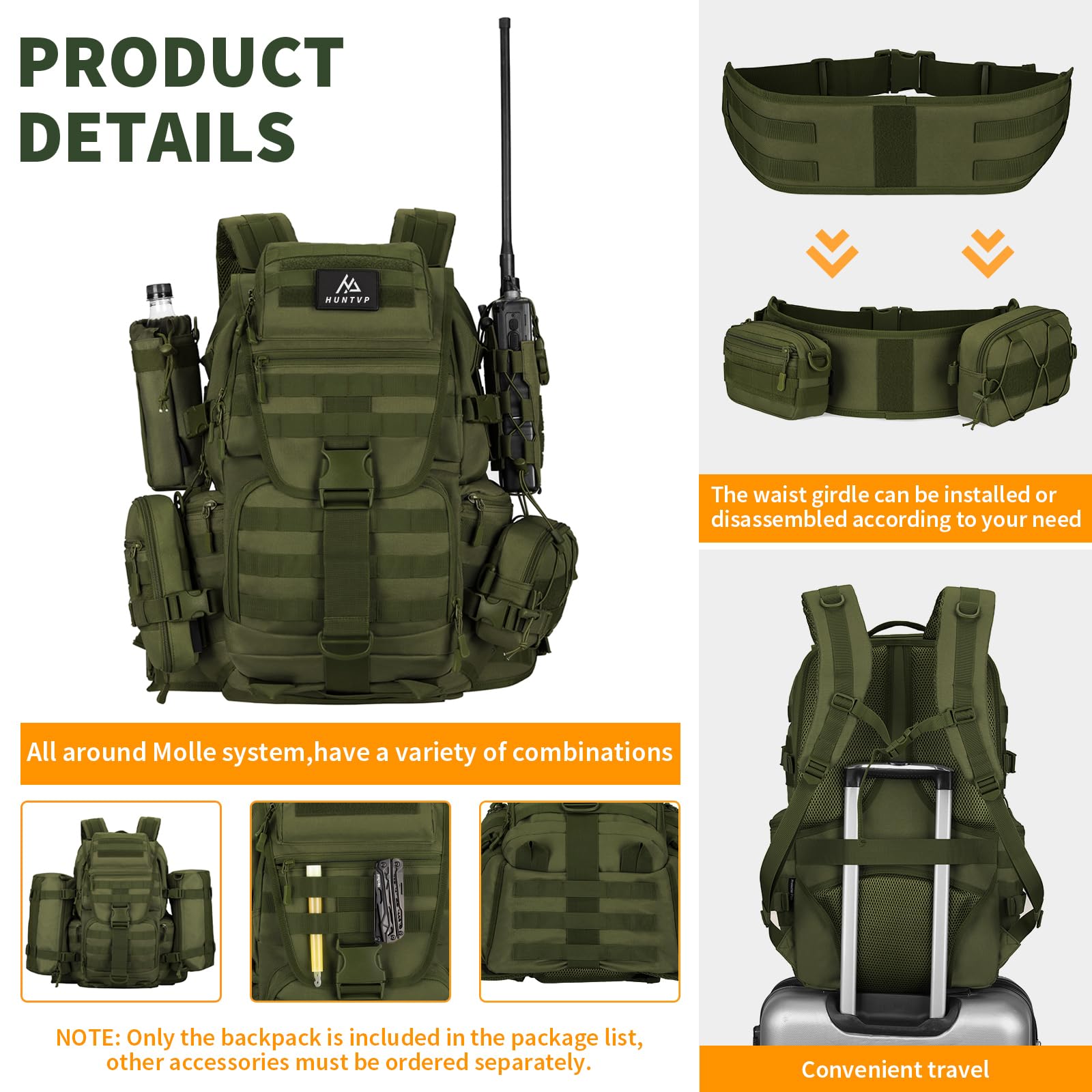 HUNTVP Wanderrucksack 50L Militar Rucksack Herren MOLLE Taktischer Rucksack Trekkingrucksack für Herren Damen Outdoor Wandern Trekking Camping