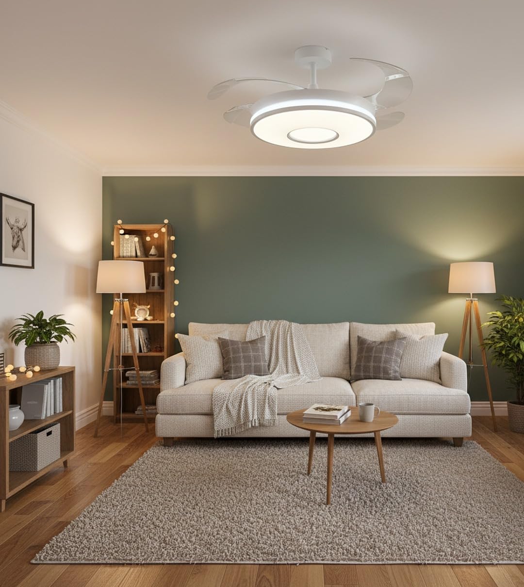 BEL AIR HOME - Ventilatore da soffitto KIRA bianco, motore DC silenzioso, pale retraibili, luce LED 36 W 3 temperature, telecomando, modalità inverno, moderno (CHRONOS)