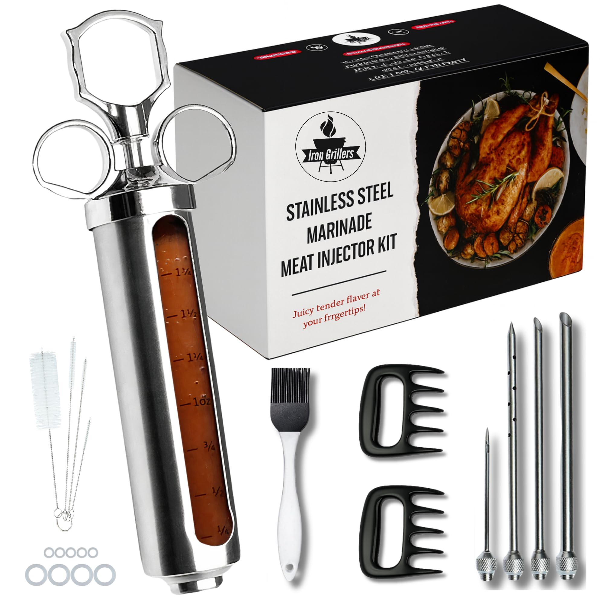 Professional Meat Injector Marinade Syringe Kit for Smoking & Grilling Turkey, Brisket & BBQ - Large 2 Oz Stainless Steel Visible Capacity - Never Leaks or Clogs + 100% Food Safe & Built to Last Years