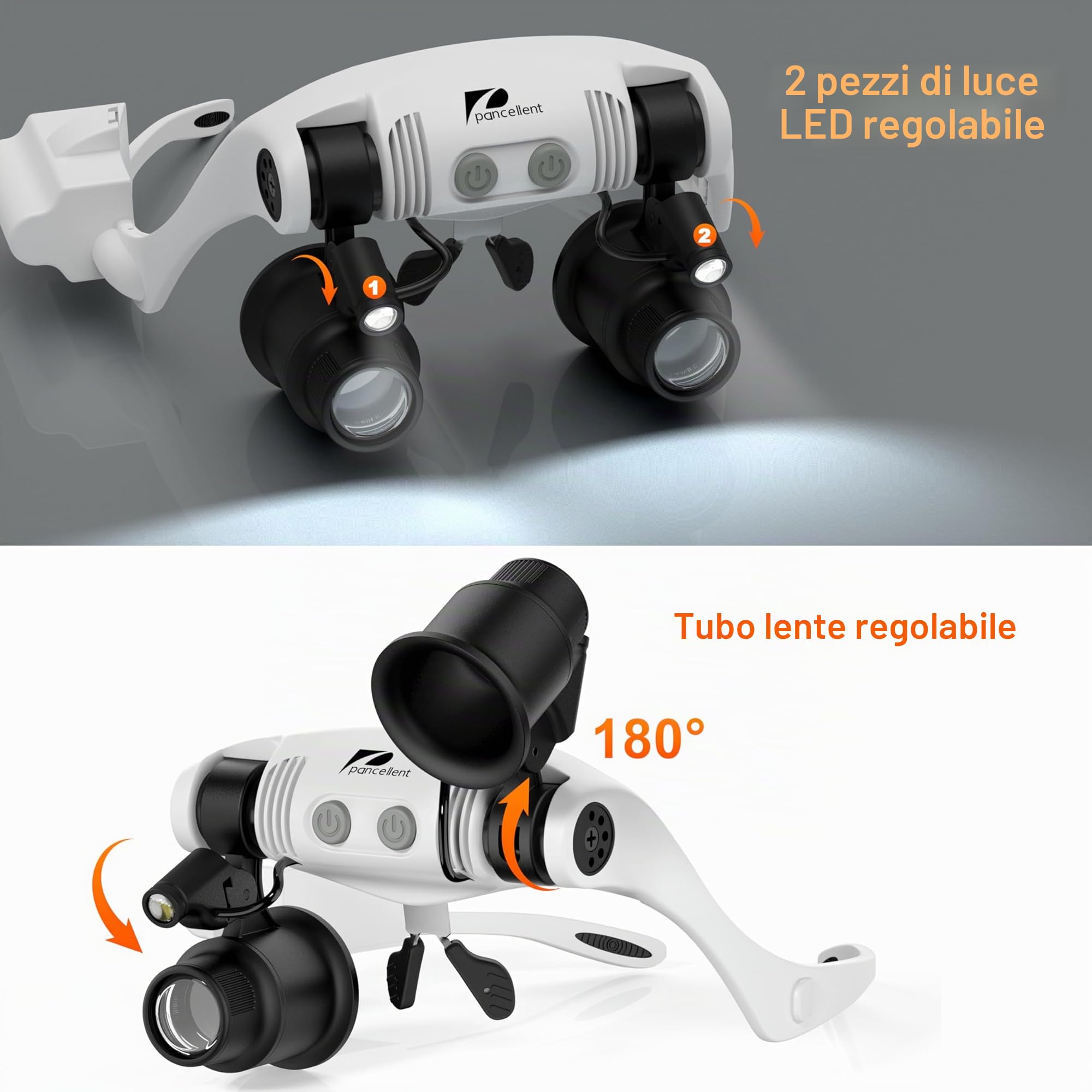 Pancellent lente d'ingrandimento per riparazione orologi, montaggio su testa, 4 lenti staccabili, 2 luci LED, occhiali a mani libere per lettura