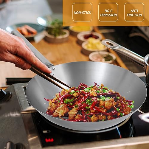 Miniatura 6 de Kichvoe Sartén wok de acero al carbono de fondo redondo, Pow Wok de acero al carbono, wok y sartenes para cocinar en el hogar y profesional-12.5