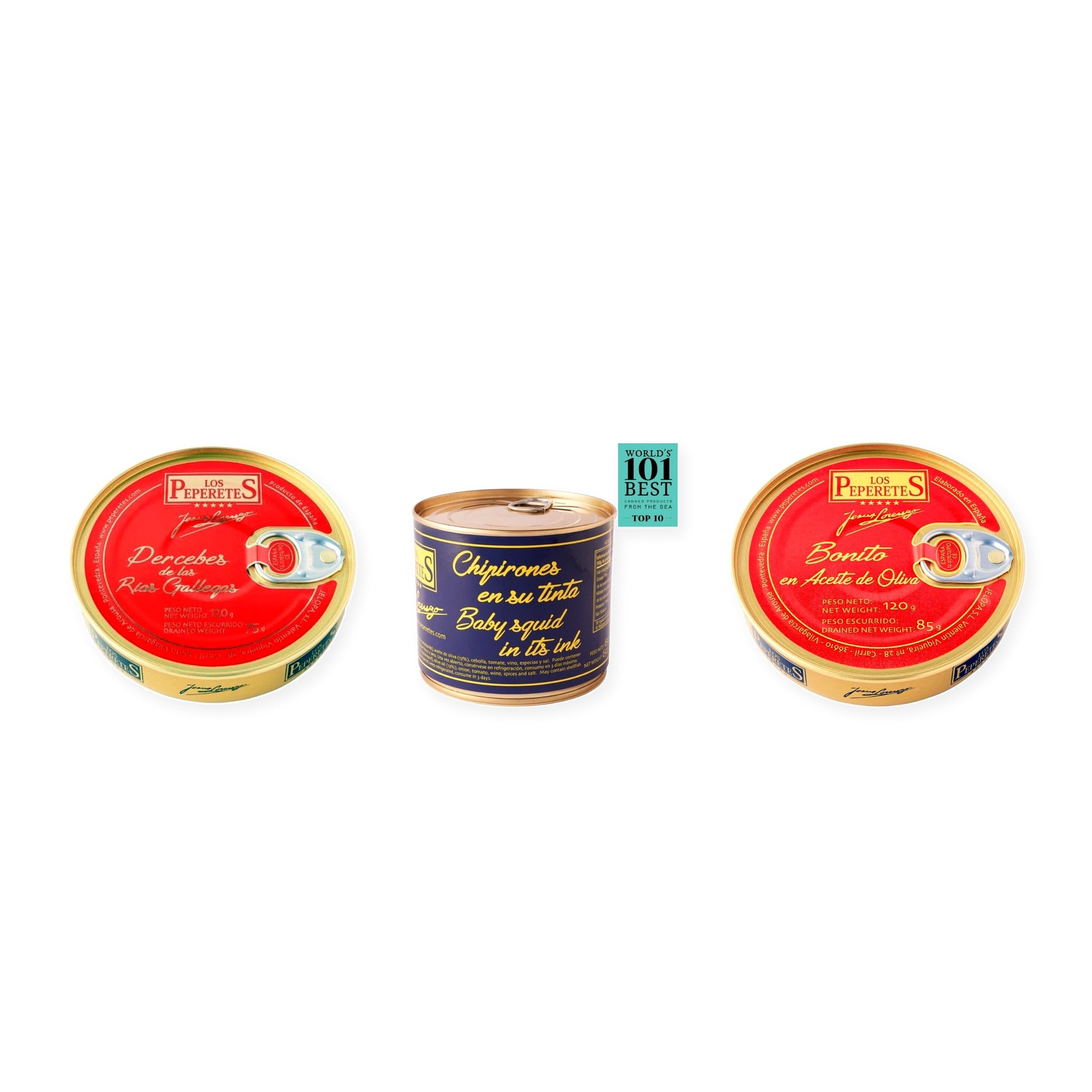 los peperetes conservas Percebes Rías Gallegas, Chipirones Tinta 460g y Bonito Aceite Oliva pack 3 latas