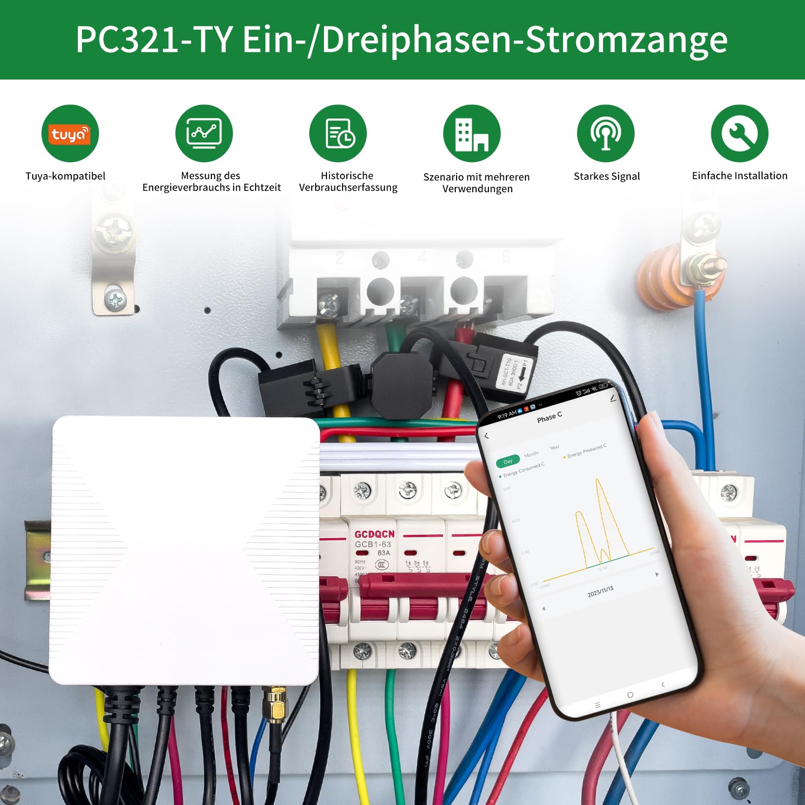 OWON 3-Phasen-WLAN-Smart-Home-Energiemonitor, 3-Phasen-Zangenmessgerät mit 3 200 A Schaltkreisstufen-Sensoren Echtzeit-Stromüberwachung | Solar-| Messgerät