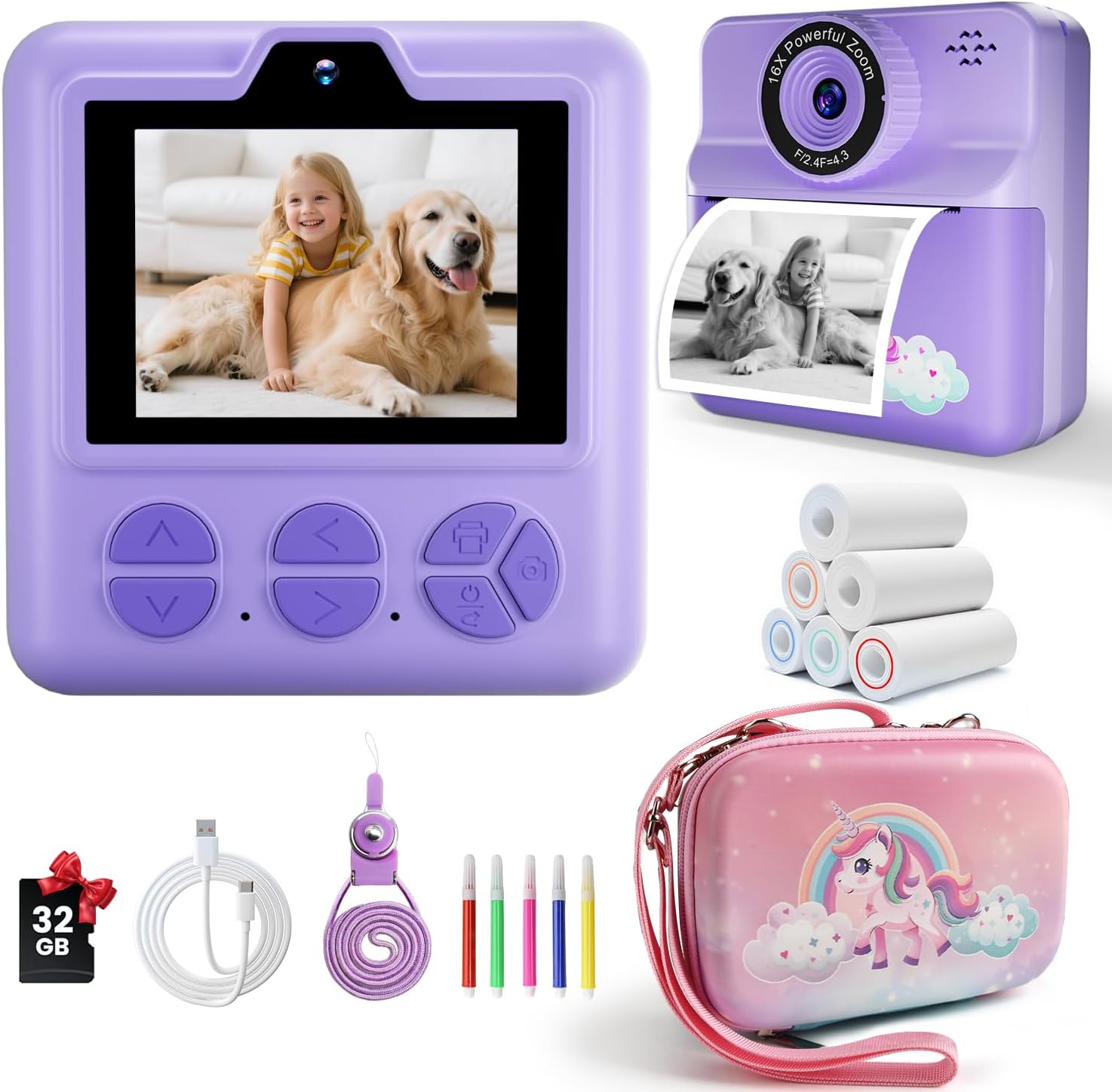 Kids Camera Instant Print, Jusvenmt Christmas Birthday Gifts for Toddler Girls Boys Age 3-12, Dual Lens 1080P Selfie Digital Camera with 5 Roll Color No-Ink Print Paper 32GB SD Card & Bag- Purple