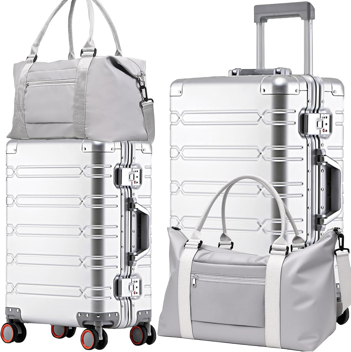 WEICHEN Set of 2 All Aluminum Magnesium 20 in Carry On and 29 in Checked Luggage with Spinner Wheels and TSA Lock, Hard Case Luggage Carry On Travel Suitcase with 2 Duffle-Travel Bags Silver 20 in + 29 in