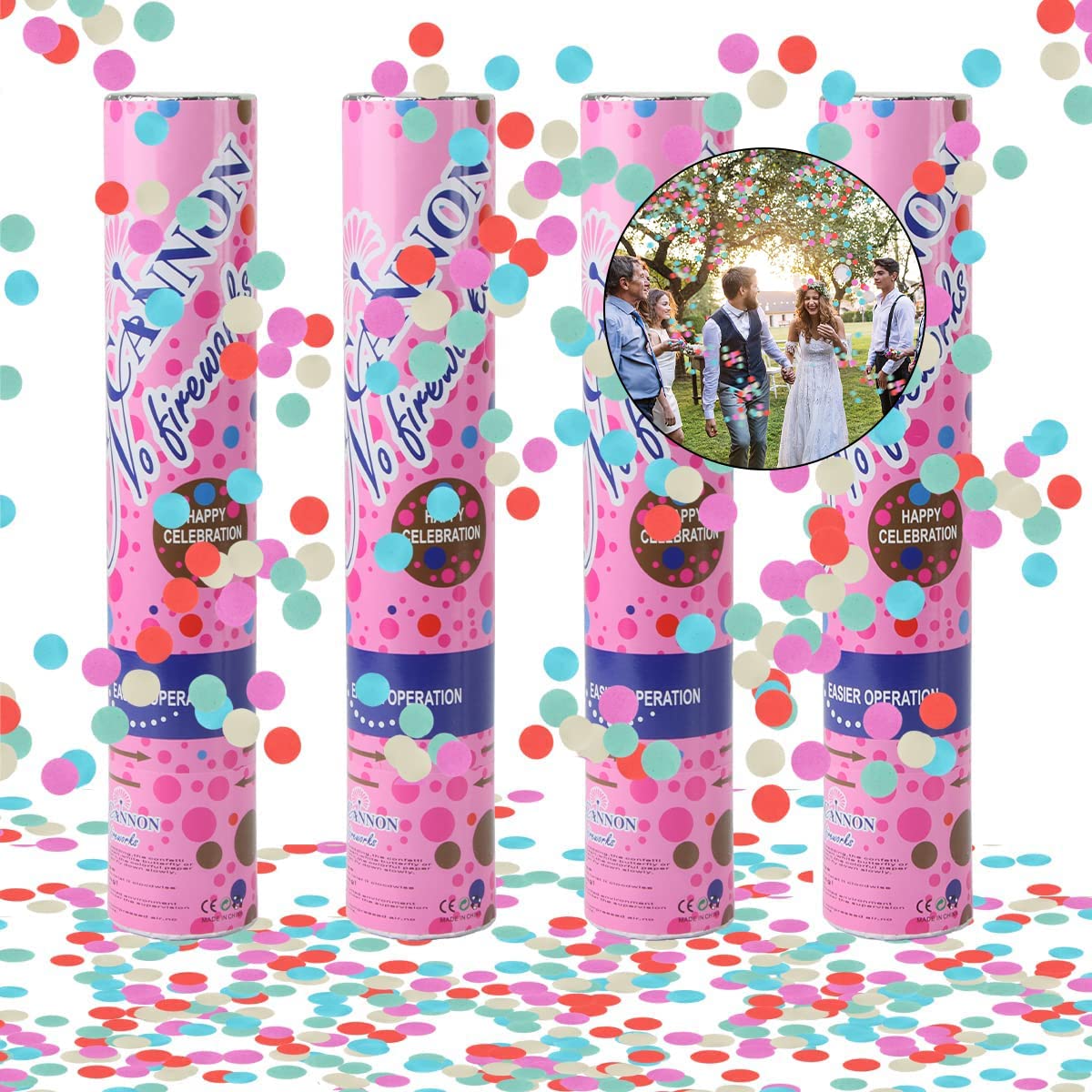 Confeti Cañones, Hillylolly 4 x Cañón de Confeti de Papel, Tubo Confeti de Colores 28 cm, Altura del Efecto de 6-8 m, Lanzador de Confeti, Cañones de Confeti para Bodas y Cumpleaños (Redondo)