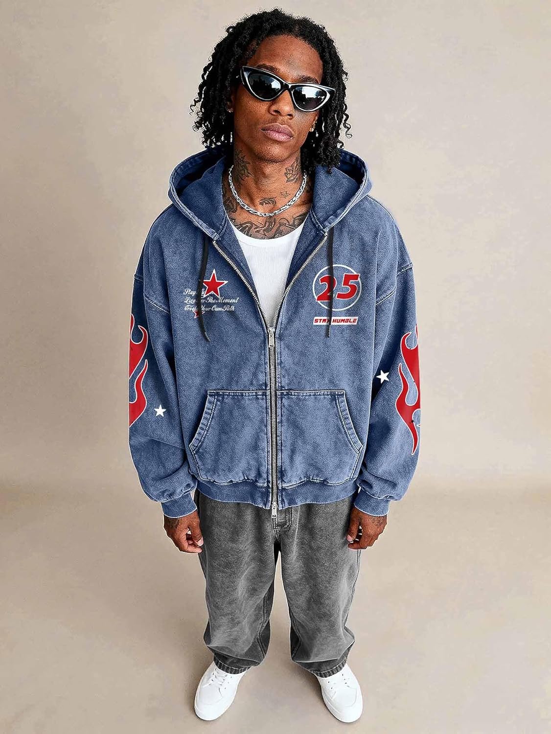 Verdusa Men's Washed Graphic Hoodies Grunge Vintage Lightweight Hip Hop Zip Up Sweatshirt