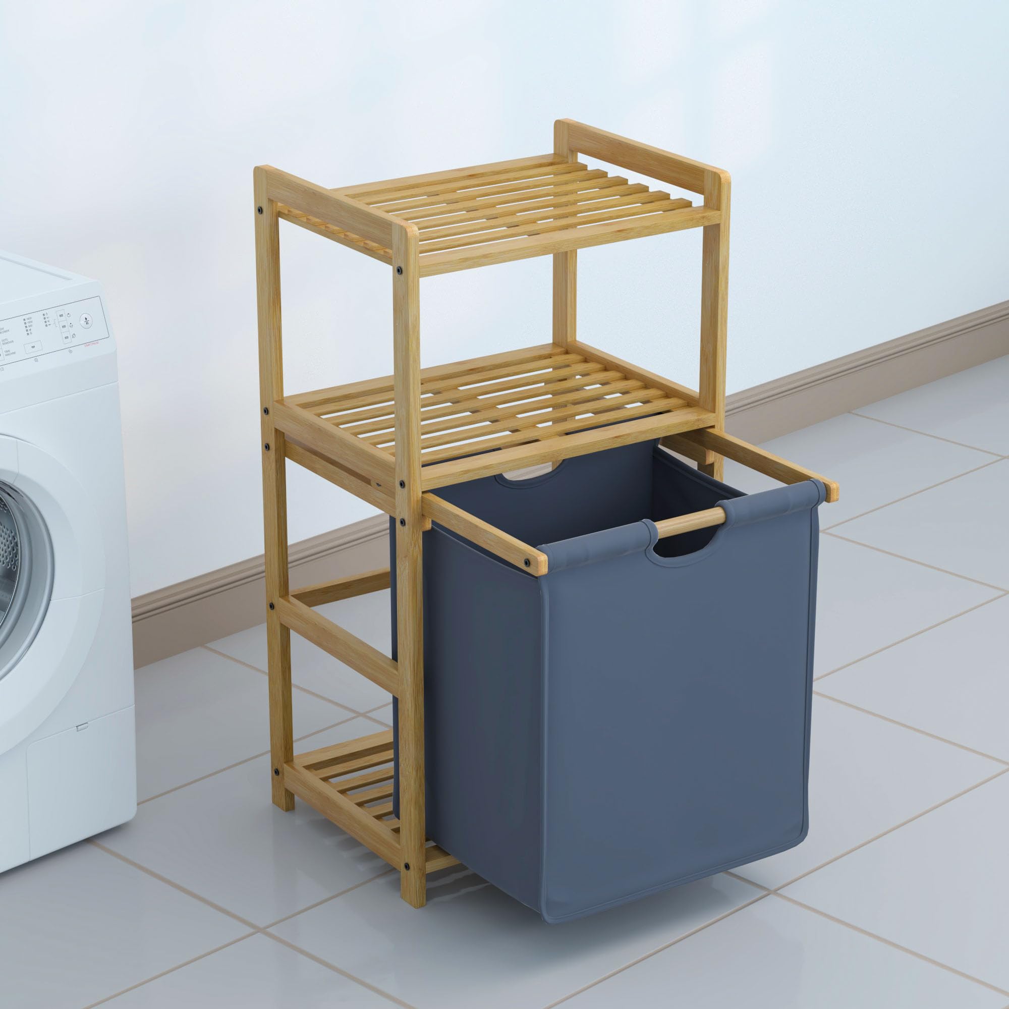 Cesta Ropa Sucia, Mueble Ropa Sucia, Bambú, 80X43X33cm, Compartimentos de 50L, Laundry Basket & Mueble de Lavandería de Baño, con 2 Estantes