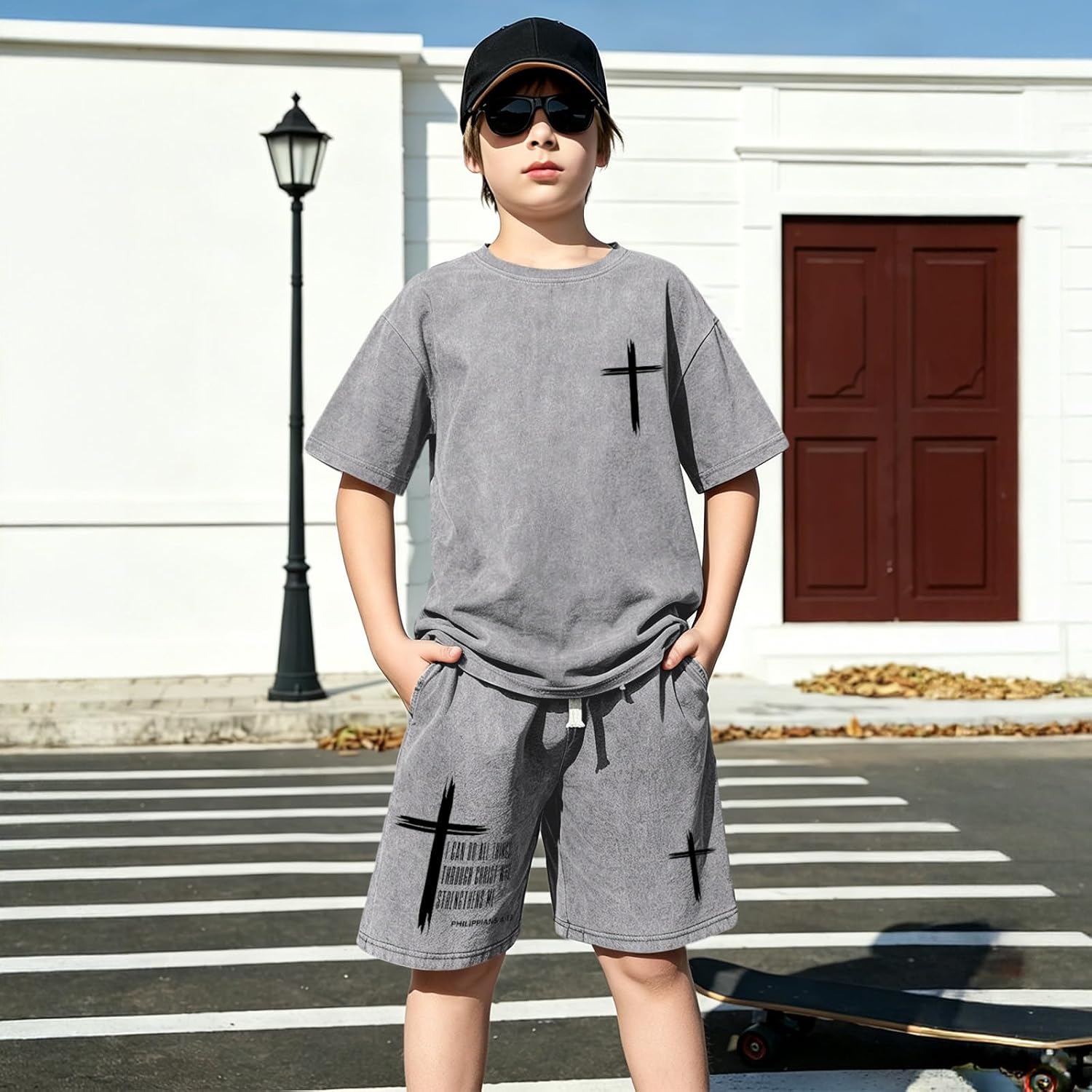 Fkatuzi Boys Oversized Cross Shirt and Graphic Shorts Set 2 Piece Summer Outfits Cotton Acid Wash Short Matching Sets
