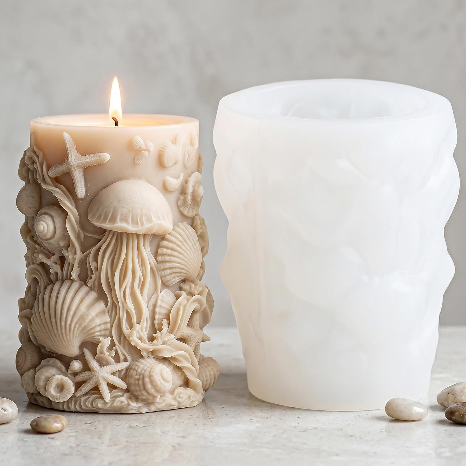 Ocean Theme Silicone Candle Molds Dolphin Jellyfish Coral Relief Cylinder Candle Mold for Candles Making Resin Casting Aromatherapy Candles Handmade Wax Home Decor Set of 2