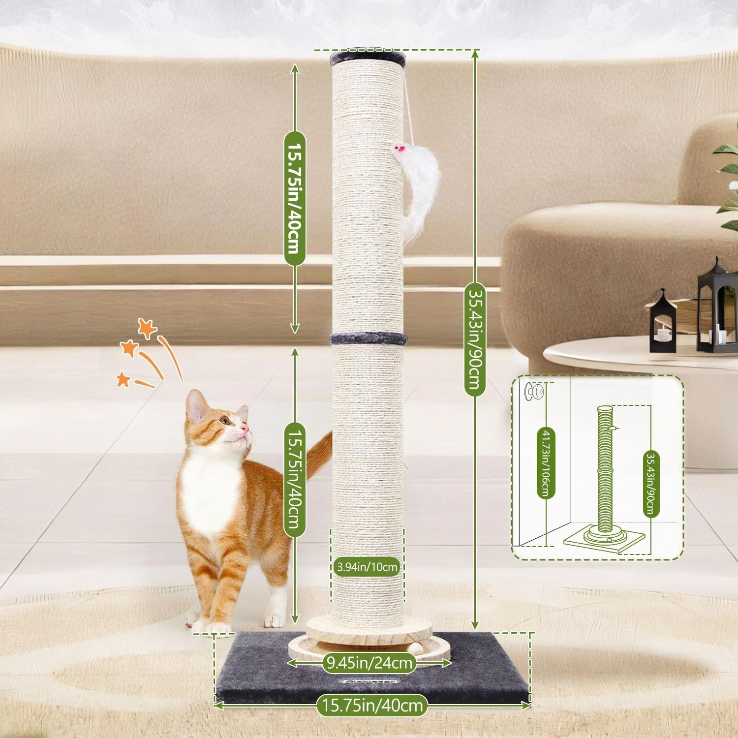 Globlazer Postes Rascadores XXL Alto 90 cm & 50 cm Ajustable 2 en 1 con Trackball Madera Felpa Gato Juguete Grande Base Poste Sisal, Rascador XXL para Gatos Grandes Interior (SC35, Gris Oscuro)