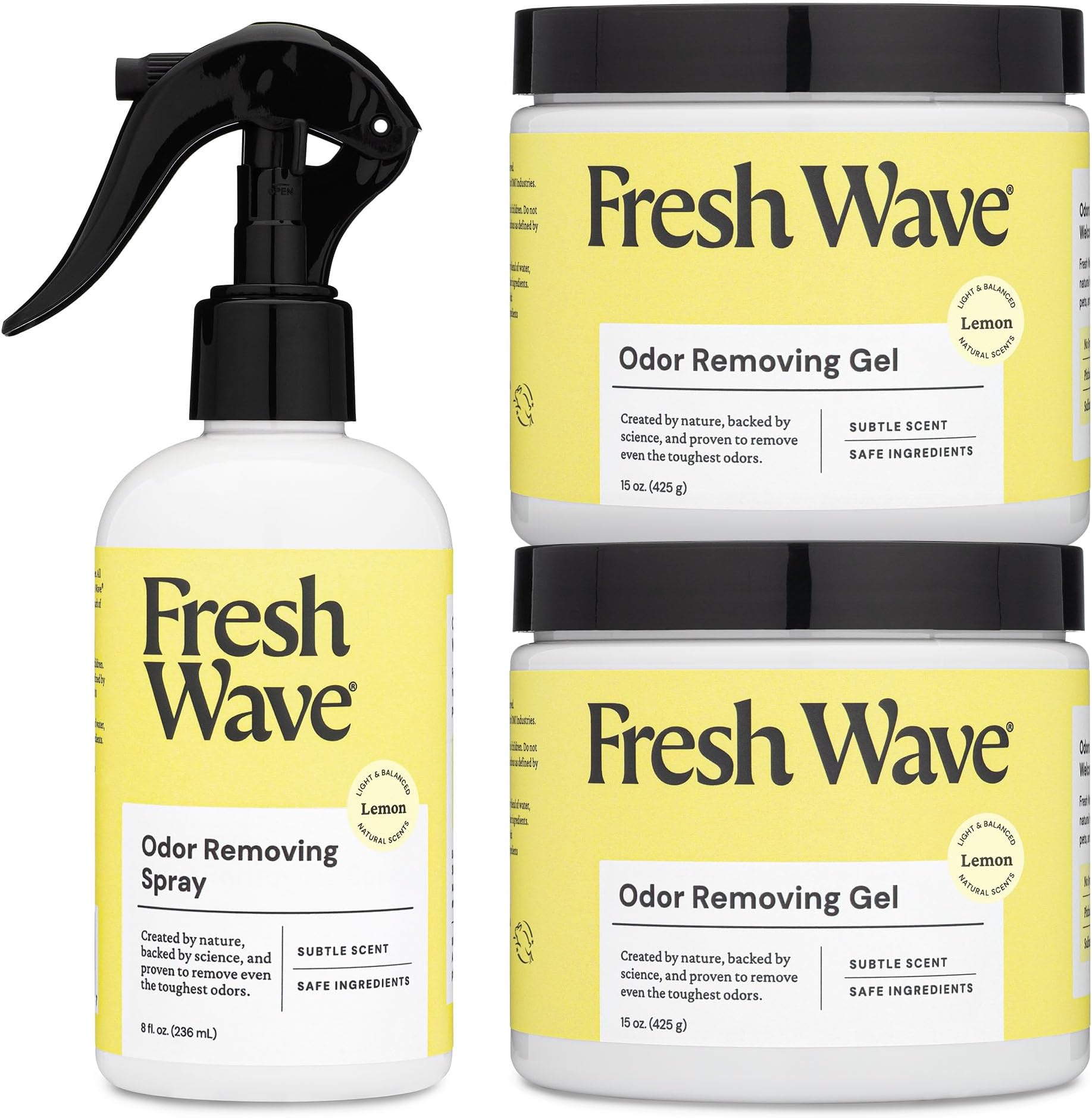 Lemon Odor Removing Gels and Spray Bundle: (2) 15oz. Gels and (1) 8fl. oz. Spray
