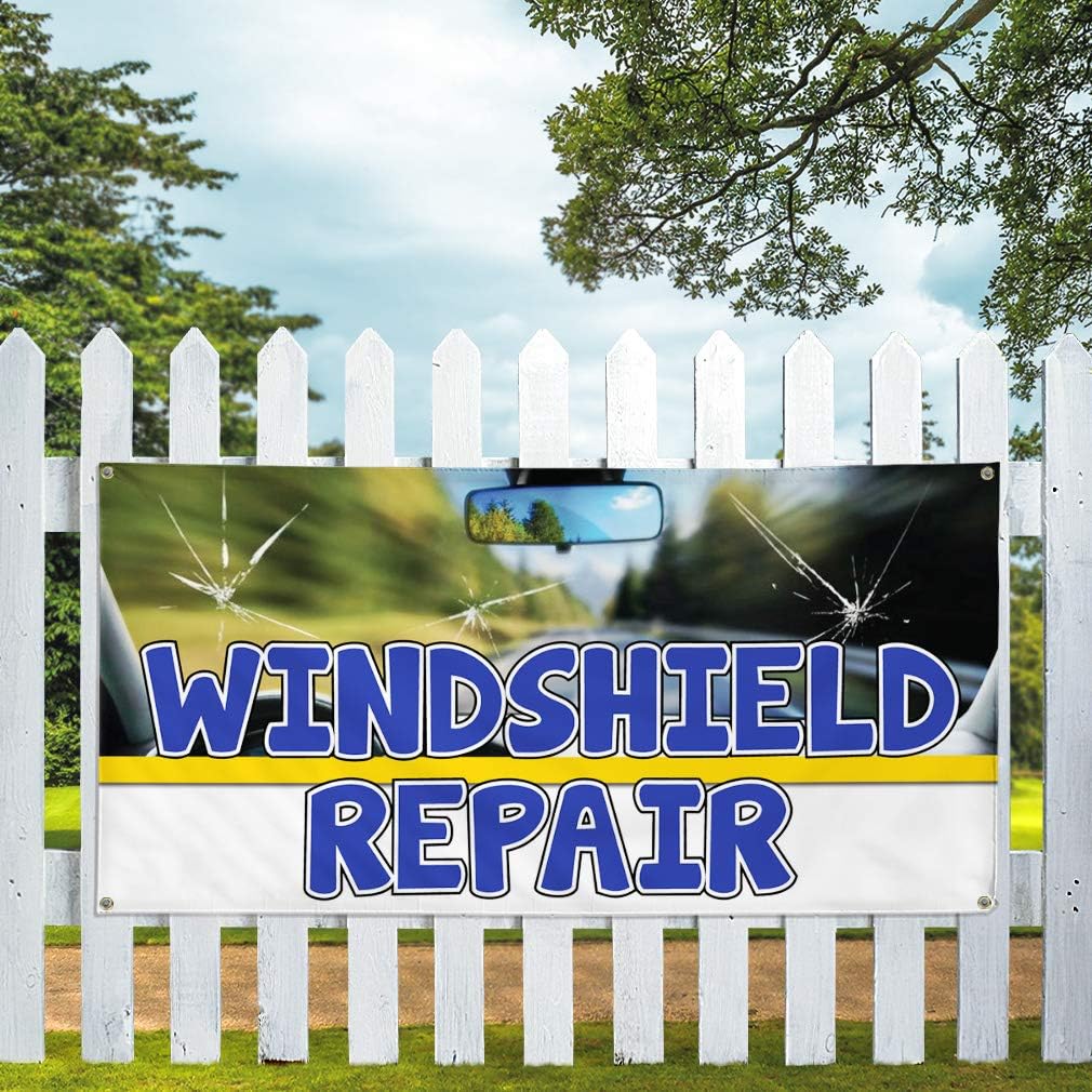 Vinyl Banner Multiple Sizes Windshield Repair Advertising Printing Automotive Outdoor Weatherproof Industrial Yard Signs Blue 4 Grommets 16x40Inches