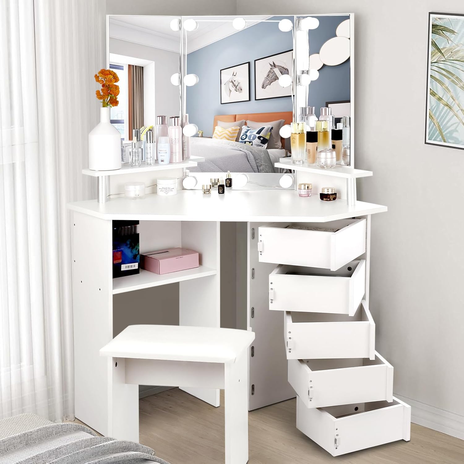 SMOOL Vanity with Lights - Makeup Vanity Desk with 3 Color Lighting Modes Adjustable Brightness, Vanity Table with 5 Rotating Drawers, Shelves and 10 Light Bulbs, Makeup Desk for Women Girls, White