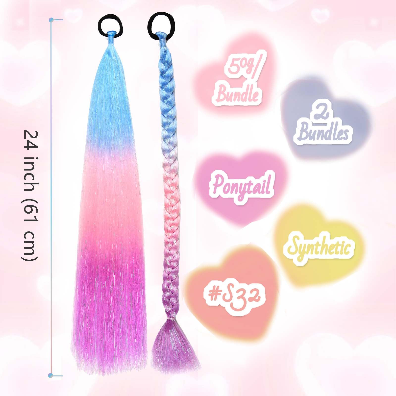 Rainbow Ponytail Extensions With Hair Tie 2 Packs 50g/Pack Coloured Hair Extensions for Braiding 26 inch Colorful Ombre Mermaid Pony Tail Synthetic Hair Extensions for Girl Women #S32 - Image 2