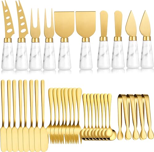 Juego de 38 cuchillos de queso dorado con mango de mármol, espátula de mantequilla, cuchillos esparcidores de queso, cortador de queso y tenedor con