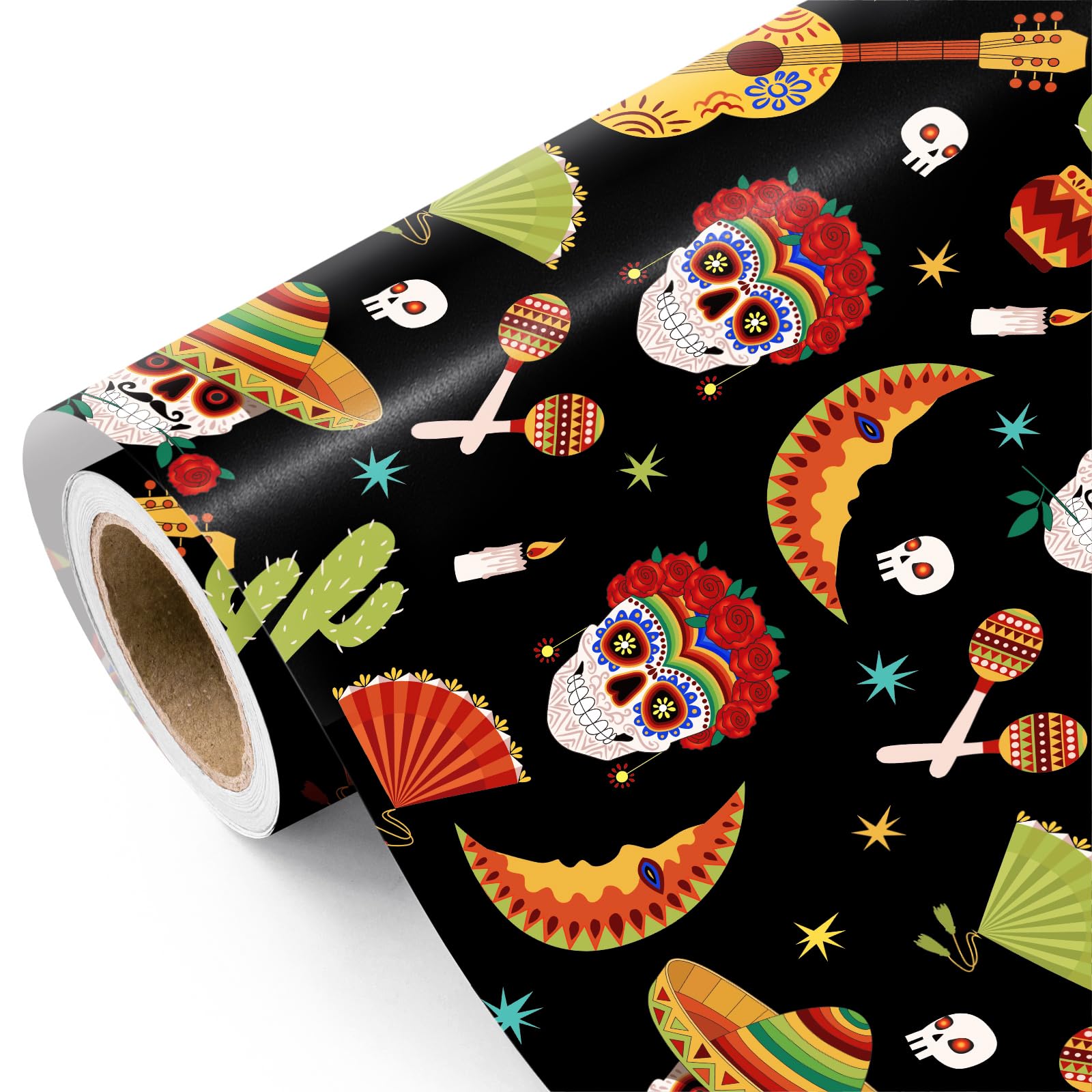 WRAPAHOLIC Cinco de Mayo Wrapping Paper Roll - Mini Roll - 17 Inch x 16.5 Feet - Colorful Skull, Sombrero & Guitar Mexican Wrapping Paper for Fiesta, Mexican Party, Birthday