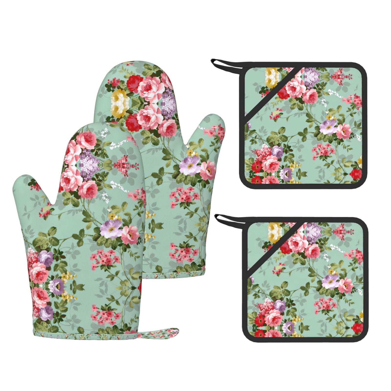 Flower Trendy Printed Kitchen Set with Heat Resistant Gloves & Non-Slip Hot Pads for Baking & Grilling