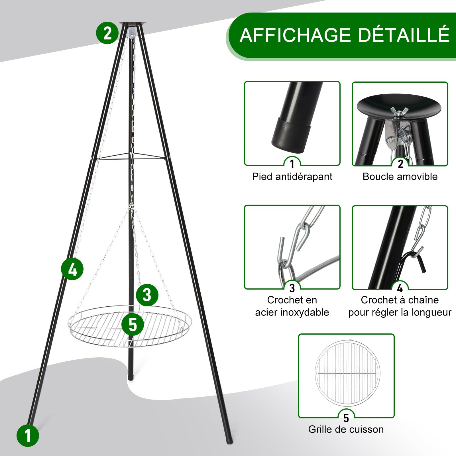 LEADZM Barbecue charbon de bois - Barbecue suspendu sans foyer(Plaque à pâtisserie de 50 cm de diamètre) - Réglable en hauteur, Structure de type trépied(robuste et stable) - Pour camping et jardin