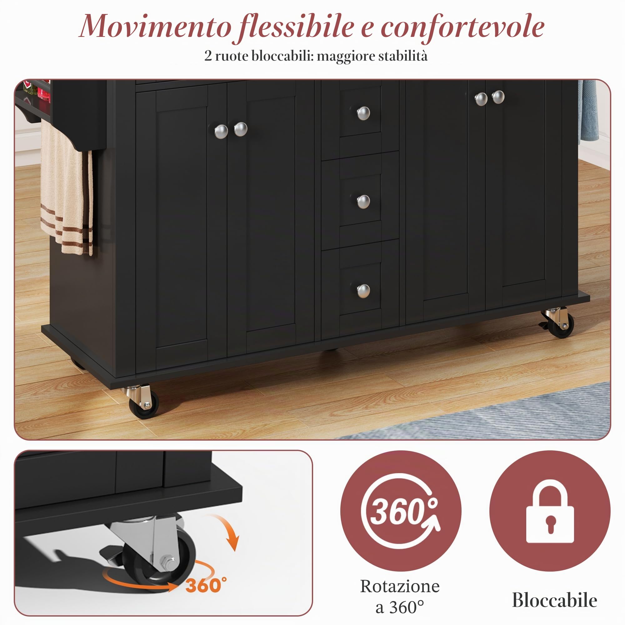 Carrello da cucina multifunzionale, isola da cucina con piano di lavoro pieghevole, espandibile, con 5 cassetti, armadi, portasciugamani, su ruote, carrello di servizio per cucina (nero)