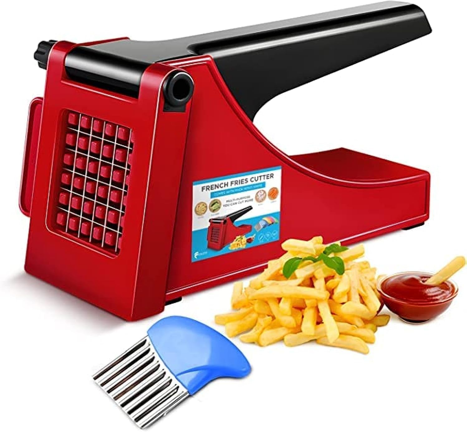 FAIZO French Fry Potato Slicer and Vegetable Chopper, French Fries Cutter and Kitchen Potato Press for Veggies, Onions, Carrots, Cucumbers, Apples - Comes with a Free Crinkle Cutter (12.5x11.7x23cm)