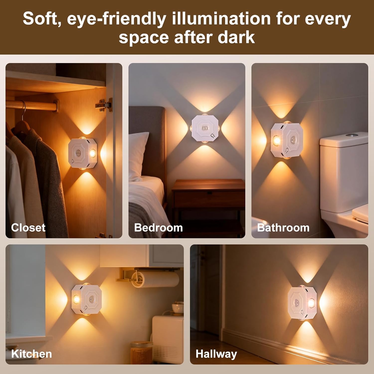 OOWOKS Luce notturna a LED con sensore di movimento 4 pezzi ricaricabile illuminazione per scale senza alimentazione elettrica, 2700K bianco caldo + RGB con cambio colore e 3 modalità (Auto/ON/OFF)