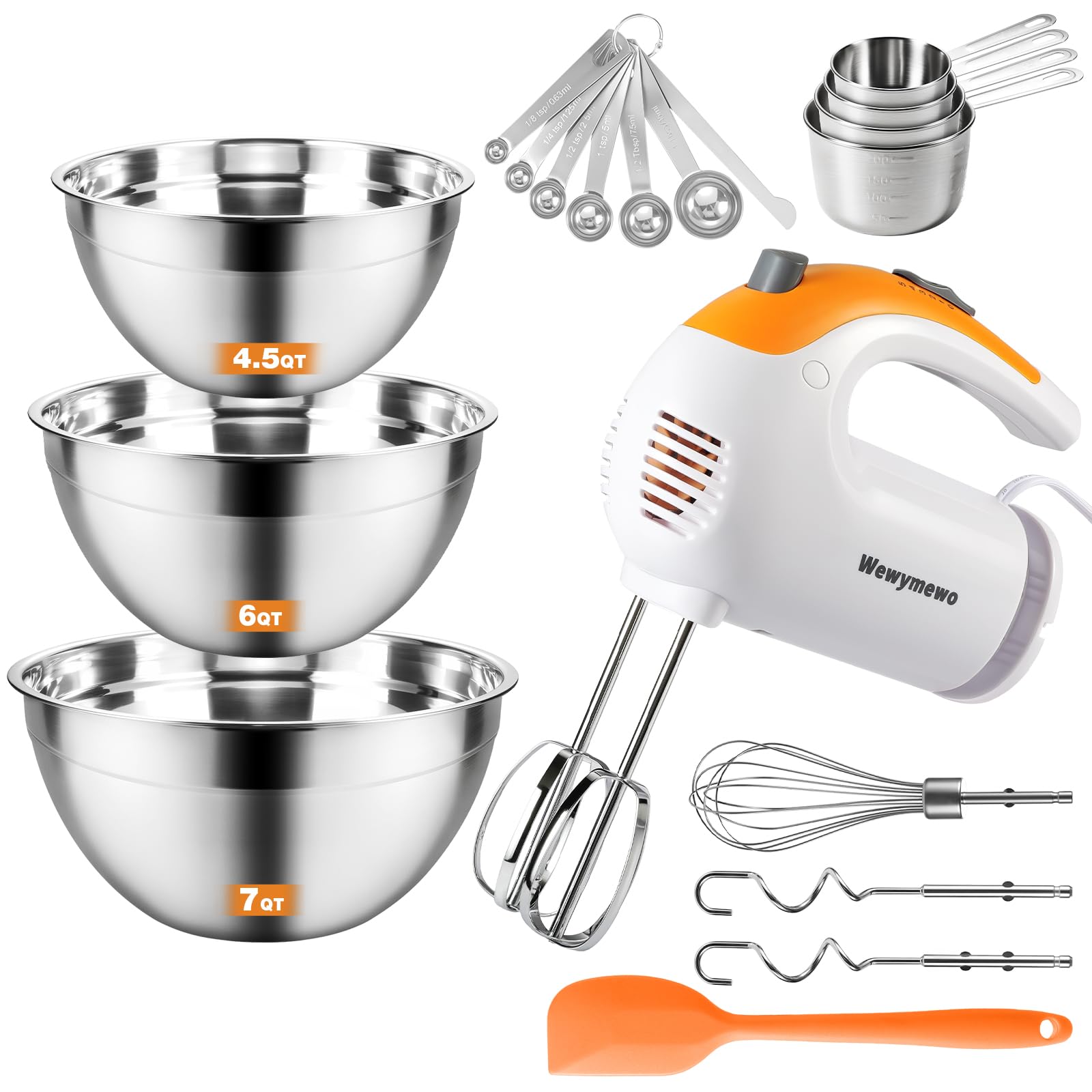 300W 5-Speed Hand Mixer with 3 Bowls &amp; Accessories for Baking | Complete Kitchen Cake Mixer Includes Paddle, Dough Hook, Whisk, Measuring Cups &amp; Spoons – Nesting Bowls Space-Saving Design