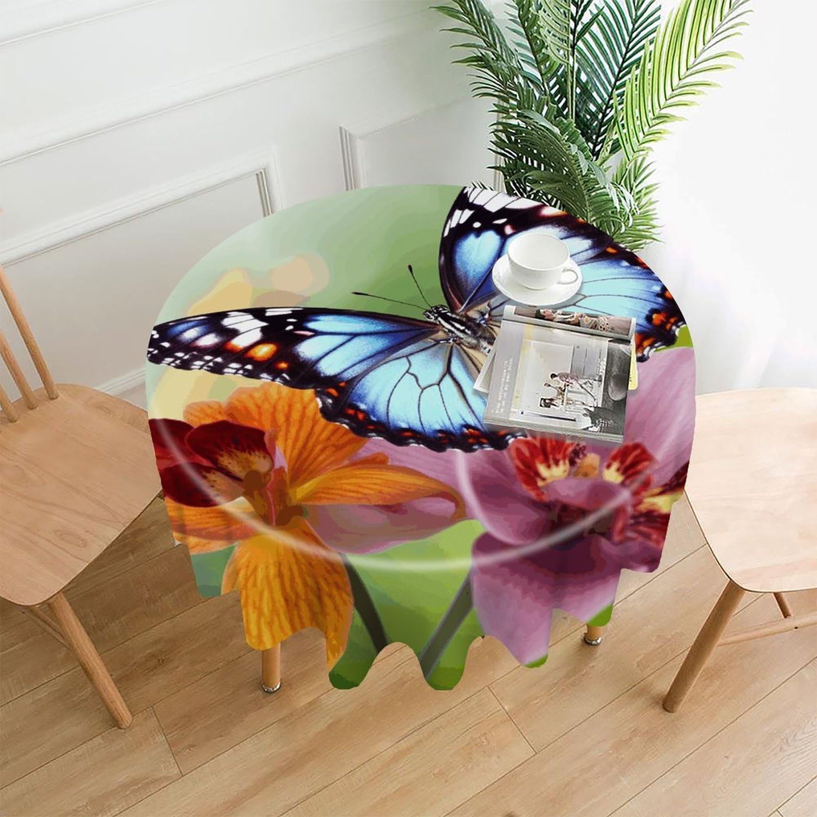 FekiLoot Flower Butterfly Round Tablecloth Cover 60 Inch Wrinkle Free Washable Polyester Fabric Table Cover Decorative Round Table Cloth for Home Dining Kitchen Party Farmhouse