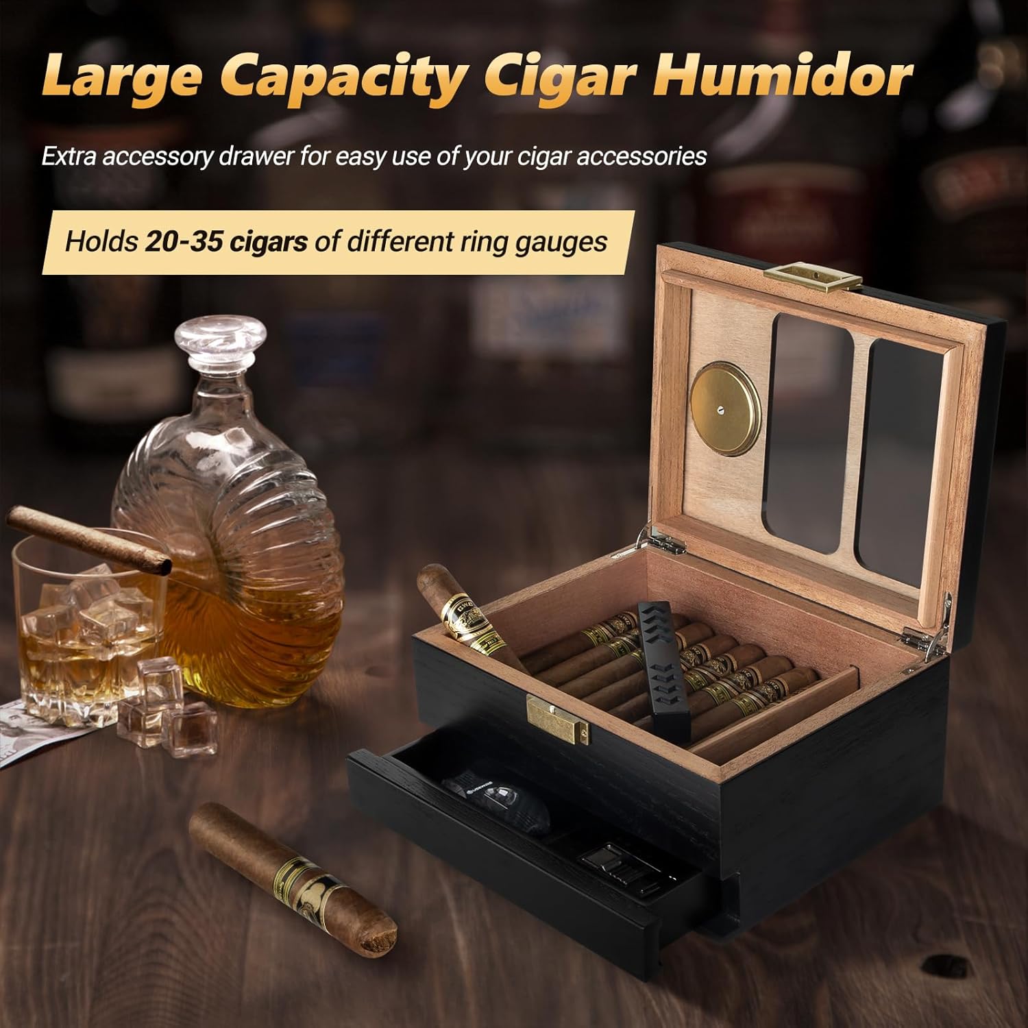 Cigar Humidor, Glass Top Cedar Wood Cedar Humidor Box, Cigar Case for 20-35 Cigars with Hygrometer and Multi-Function Cigar Lighter, Desktop Humidor, Gift for Humidor Cigar Box for Men
