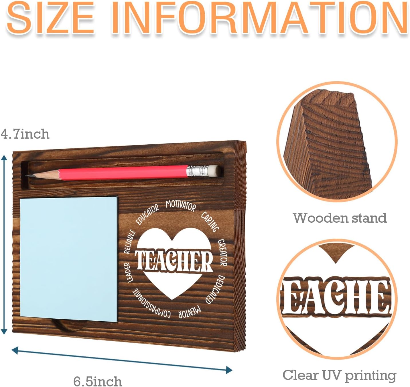 Teacher Thank You Gift for Educator, Rustic Wood Pencil Note Holder, Teacher's Day Appreciation Present for Classroom Office, Birthday Farewell Retirement Congratulations Recognition Gifts MT05 - Image 6