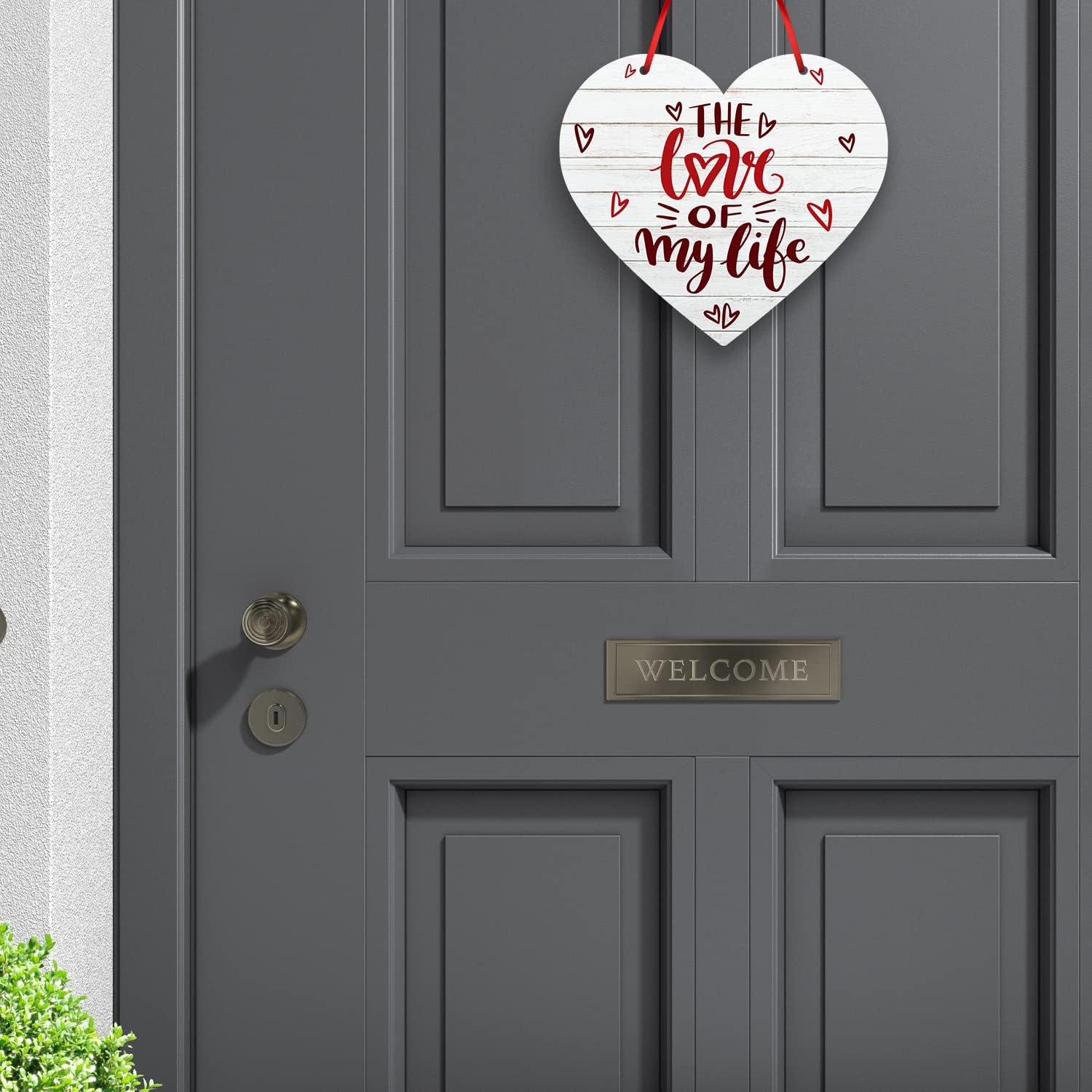 Valentines Day Decor The Love of My Life White Wood Background Heart Shapes, 12 Inch Aluminum Heart Shaped Door Sign with Red Satin Ribbon by Soul Décor