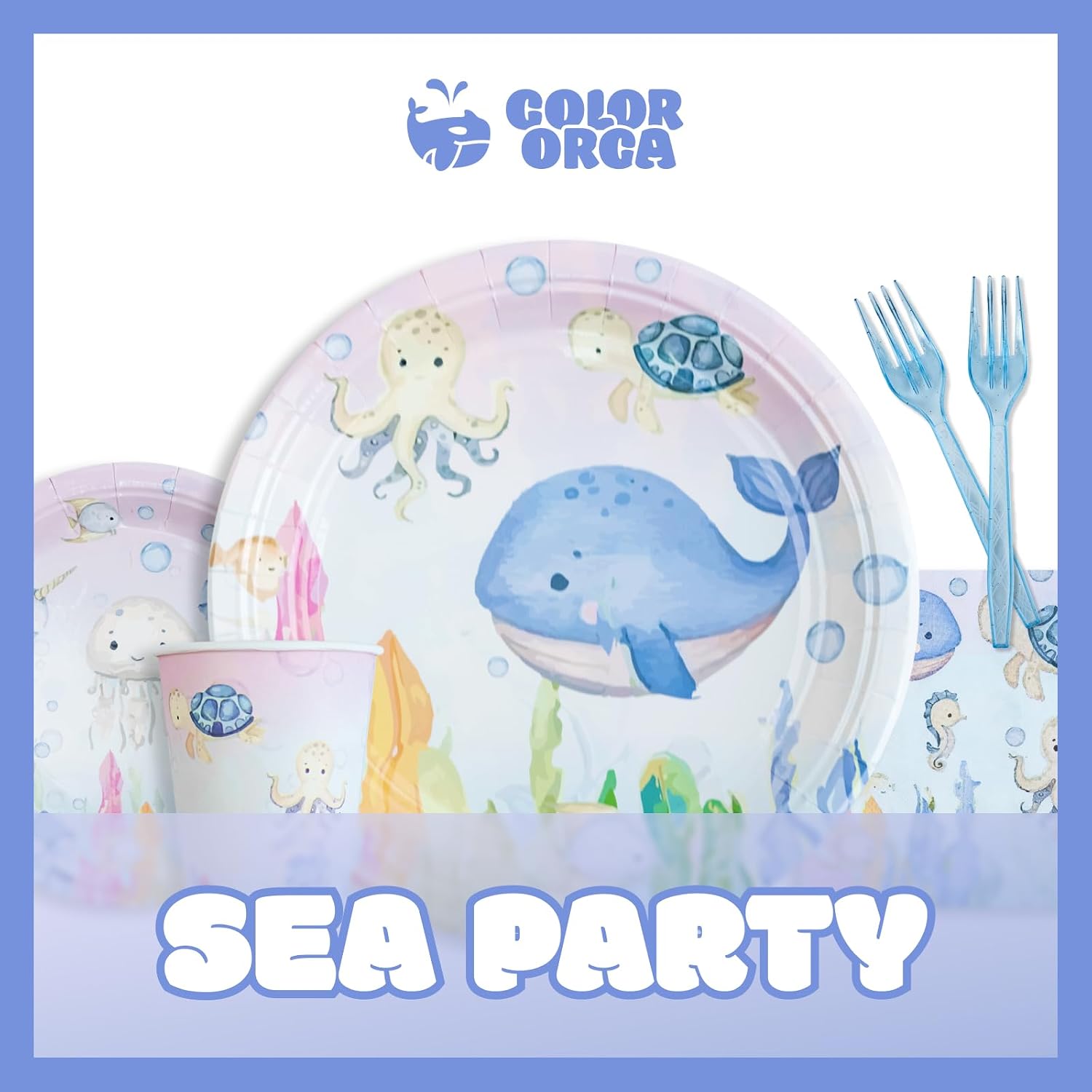 Under the Sea Party Decorations - Ocean Theme Birthday Party Tableware Set Includes Plates, Napkins, Cups, Forks, Supplies with Whale Jellyfish for Baby Shower Birthday | Serve 24
