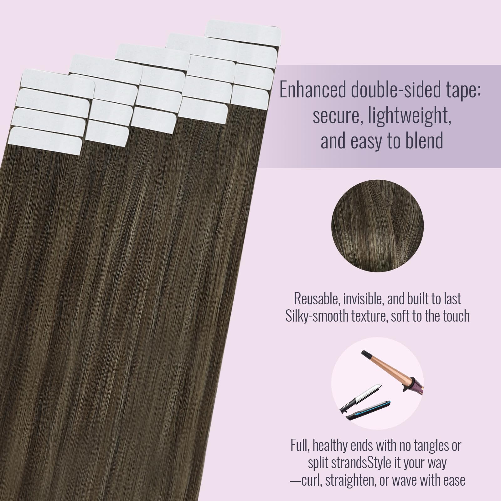 Fshine Extension Biadesive Capelli Veri 45 cm 20 pcs 50 g Invisibili Extension Capelli Veri Biadesivo Lisci Tape in Human Hair Balayage Da Marrone Scuro A Castano Extensions Umani Compleanno