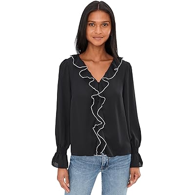 CeCe Contrast Ruffle Trim Long Sleeve V-Neck Top rich black