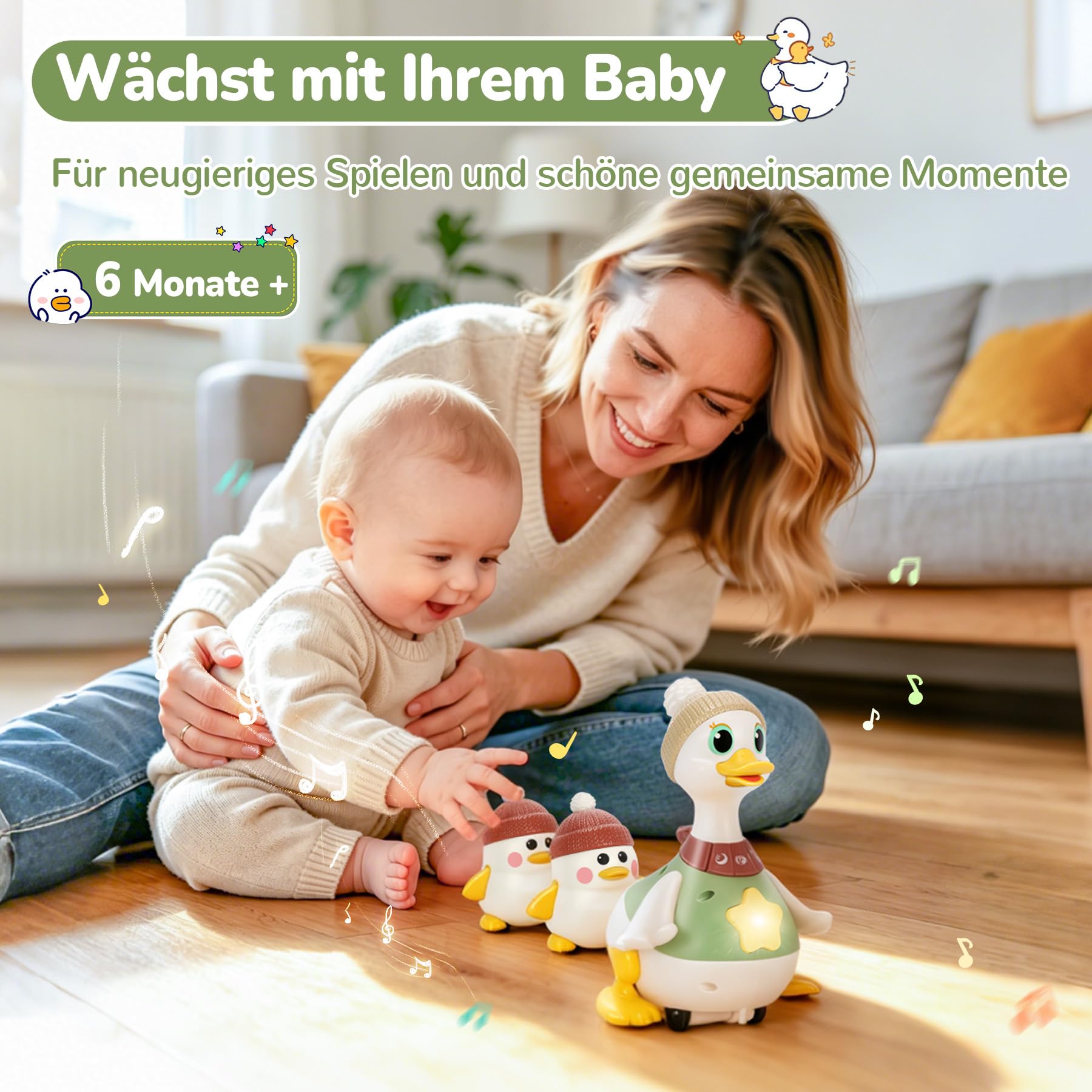 Baby Spielzeug 6-12 Monate, Krabbelspielzeug Baby mit Licht und Musik, Entenfamilie Spielzeug für Bauchlage, Babyspielzeug ab 6 Monate, Tummy Time Toys, Geschenk für Jungen und Mädchen
