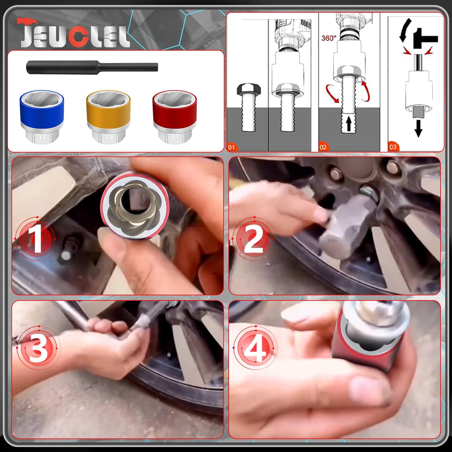 7PCS 1/2" Dr Wheel Protector Impact Socket & Lug Nut Socket Set, 17, 19, 21mm Lug Nut Remover Extractor Tools, 6 Point Non-Marring Lug Nut Thin Wall Deep Socket Wrench, Twist Socket CR-MO