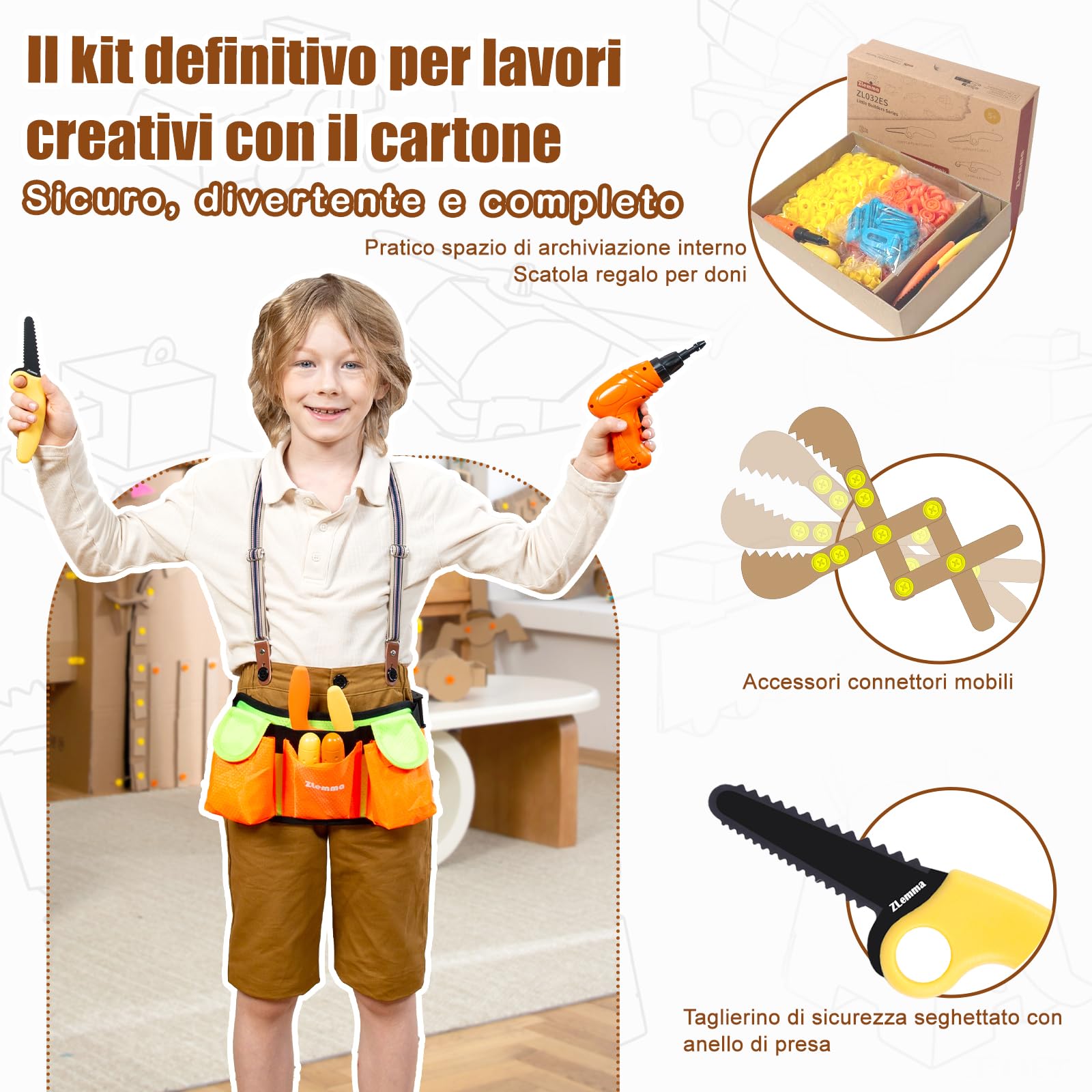 Kit di Costruzione in Cartone – 401 Pezzi, Set per Bambini con taglierino Dentellato Sicuro, Rullo per Piegatura, Viti e Dadi, Gioco STEM per progetti Fai-da-Te