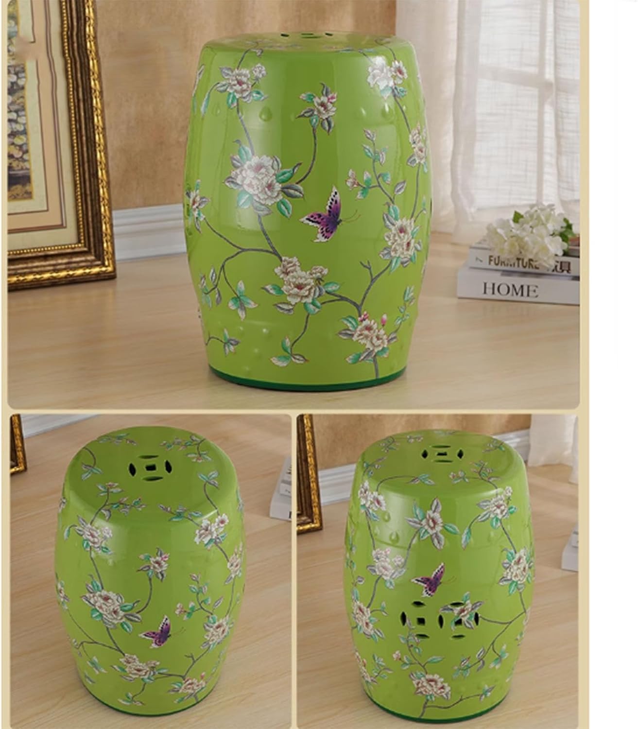 Ceramic Garden Stool, Chinese Ceramic Drum-Shaped Garden Stool, Flower and Bird Ceramic Decorative Garden Stool, Ceramic Shoe Changing Stool, Suitable for Indoor, Outdoor, Terrace, Courtyard, Garden.