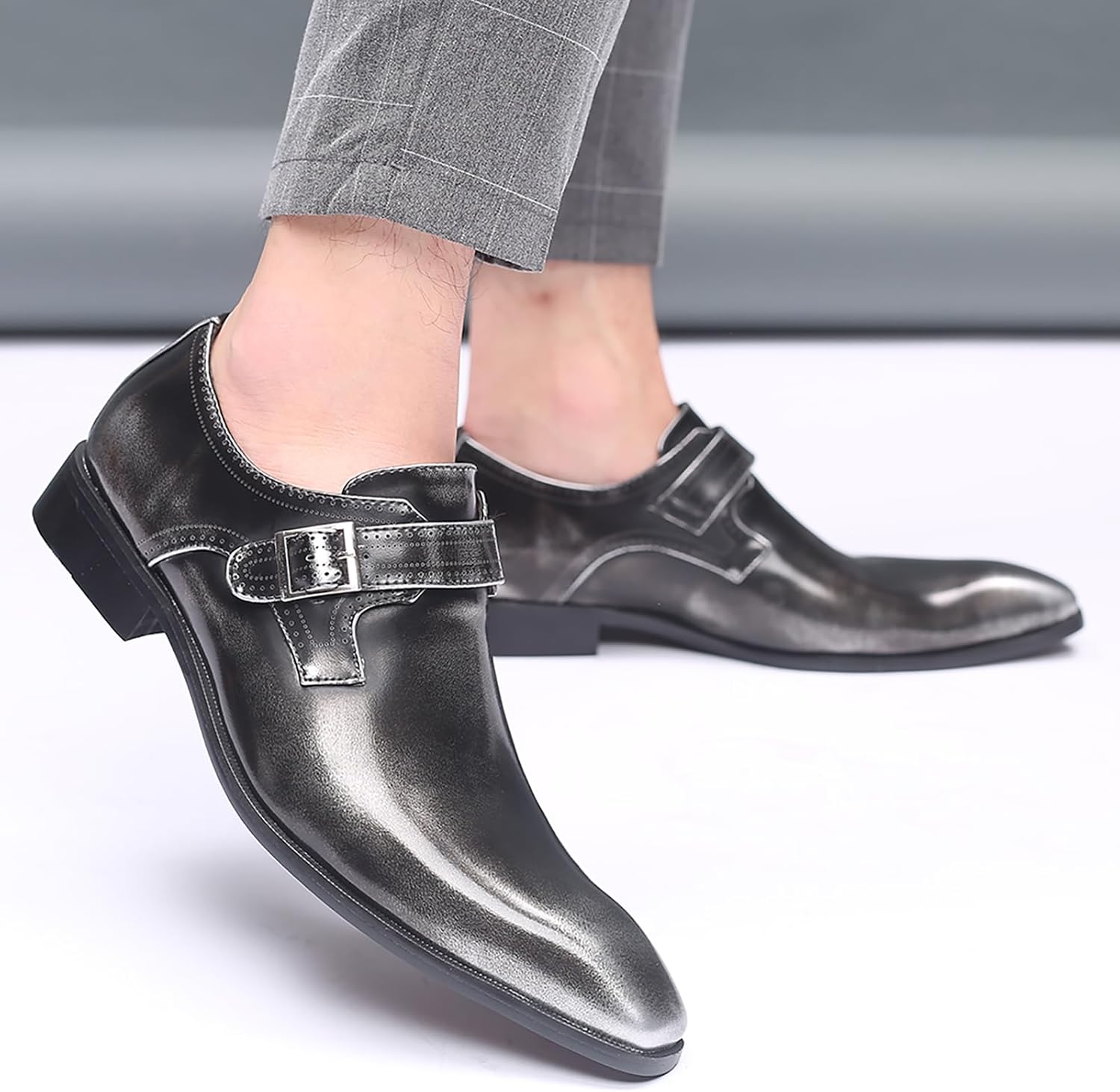 Men's Leather Pointed Toe Dress Shoes,Fashion English Style Adjustable Metal Buckle Hook & Loop Decorate Slip On Block Heel Formal Business Wedding Oxford Shoes Loafer - Image 2