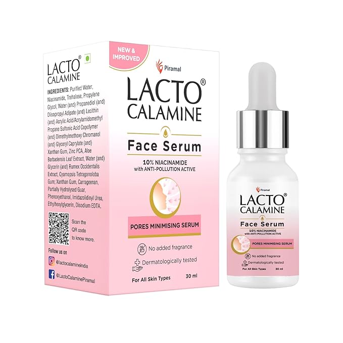 Lacto Calamine 10% Niacinamide Face Serum | 30ml | Pore Minimizing, Acne Marks, Blemishes & Oil Balancing | Face Serum for Women & Men | Reduces Pigmentation | Dermatologically Tested & Fragrance Free