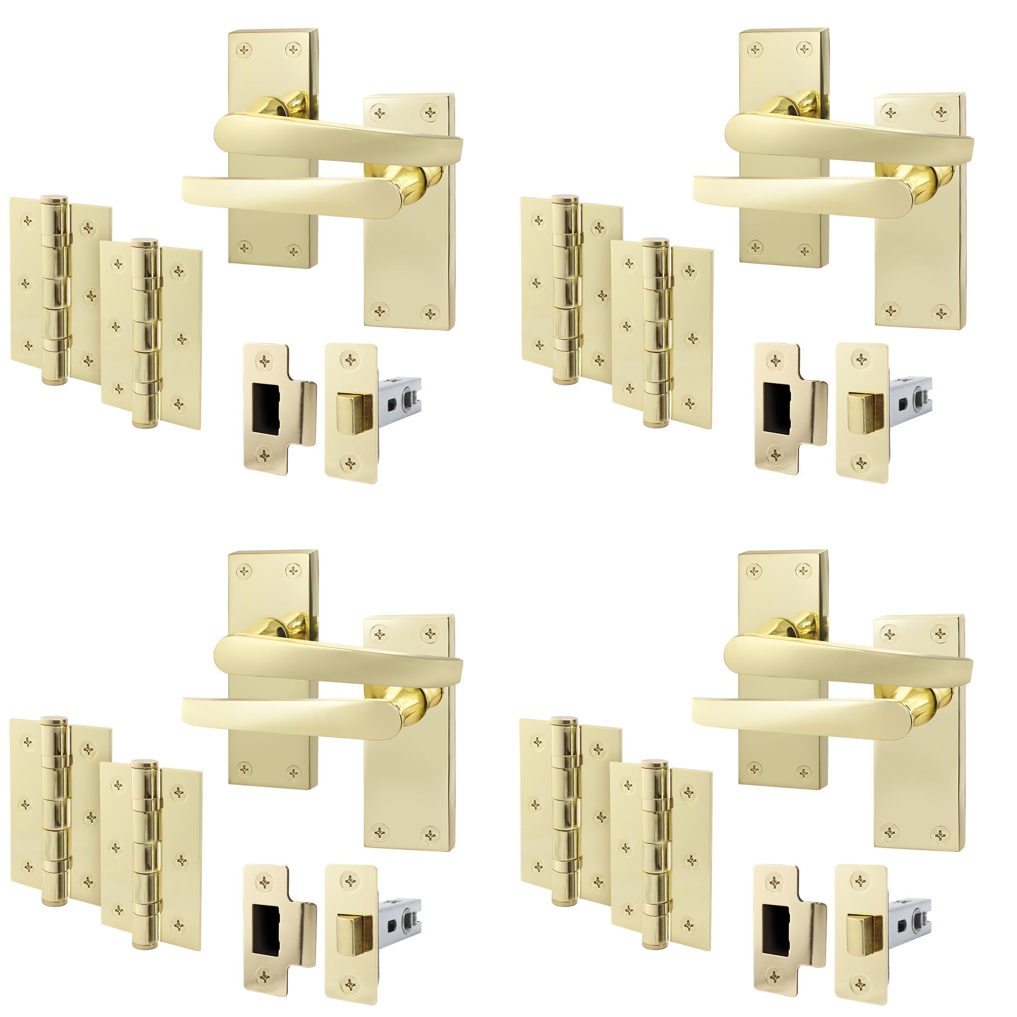 EAI Polished Brass Door Handles with Latch 64mm and Hinges, 4 Pack